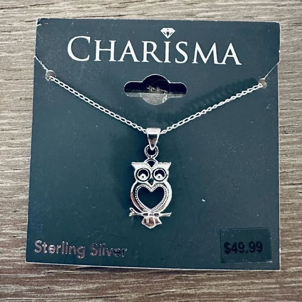 Sterling Silver Heart Owl Charm Necklace